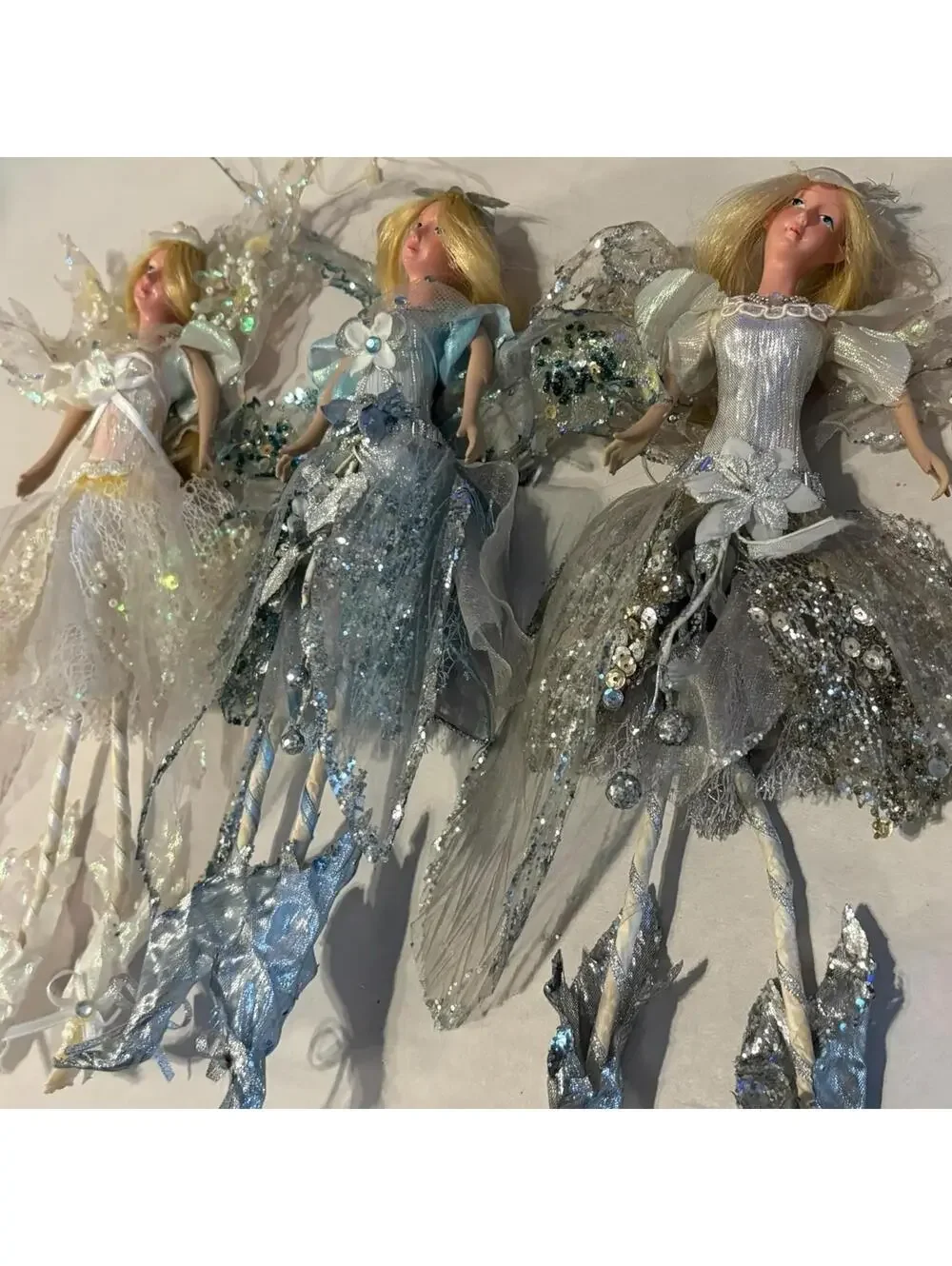 Set Of 3 Vintage Sparkling Fairies Glitter Wings Tulle Hanging Decor Ornaments